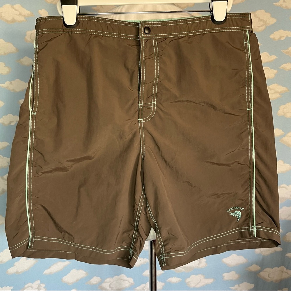 Caribbean Swimwear Mens swim trunks brown with mint‎ green stitching Size Large